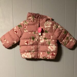 NWT The Children’s Place Pink Puffer Floral Coat w/ Hood Sz 18-24 mo